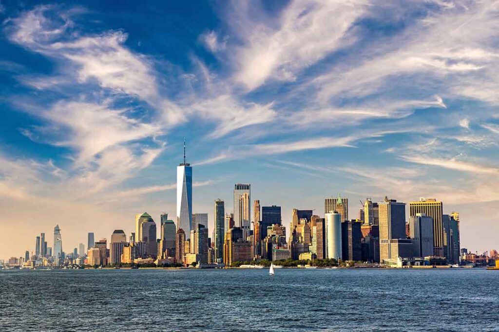 NYC Skyline with blue sky and clouds